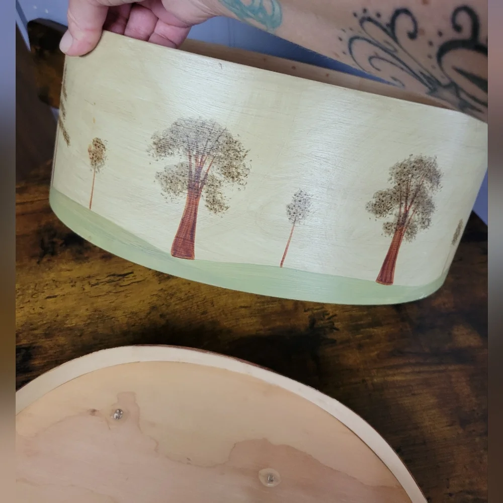 Vintage 1991 Oval Wooden,handpainted &signed shaker Box Tree Design